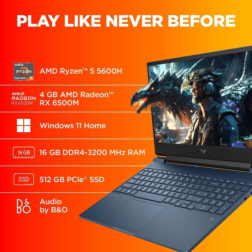 HP Victus gaming AMD Ryzen 5 Hexa Core 5600H - (8 GB/512 GB SSD/Windows 11 Home/4 GB Graphics/AMD Radeon RX 6500M/60 Hz) 15-fb0147AX Gaming Laptop (15.6 Inch, Performance Blue, 2.37 kg)