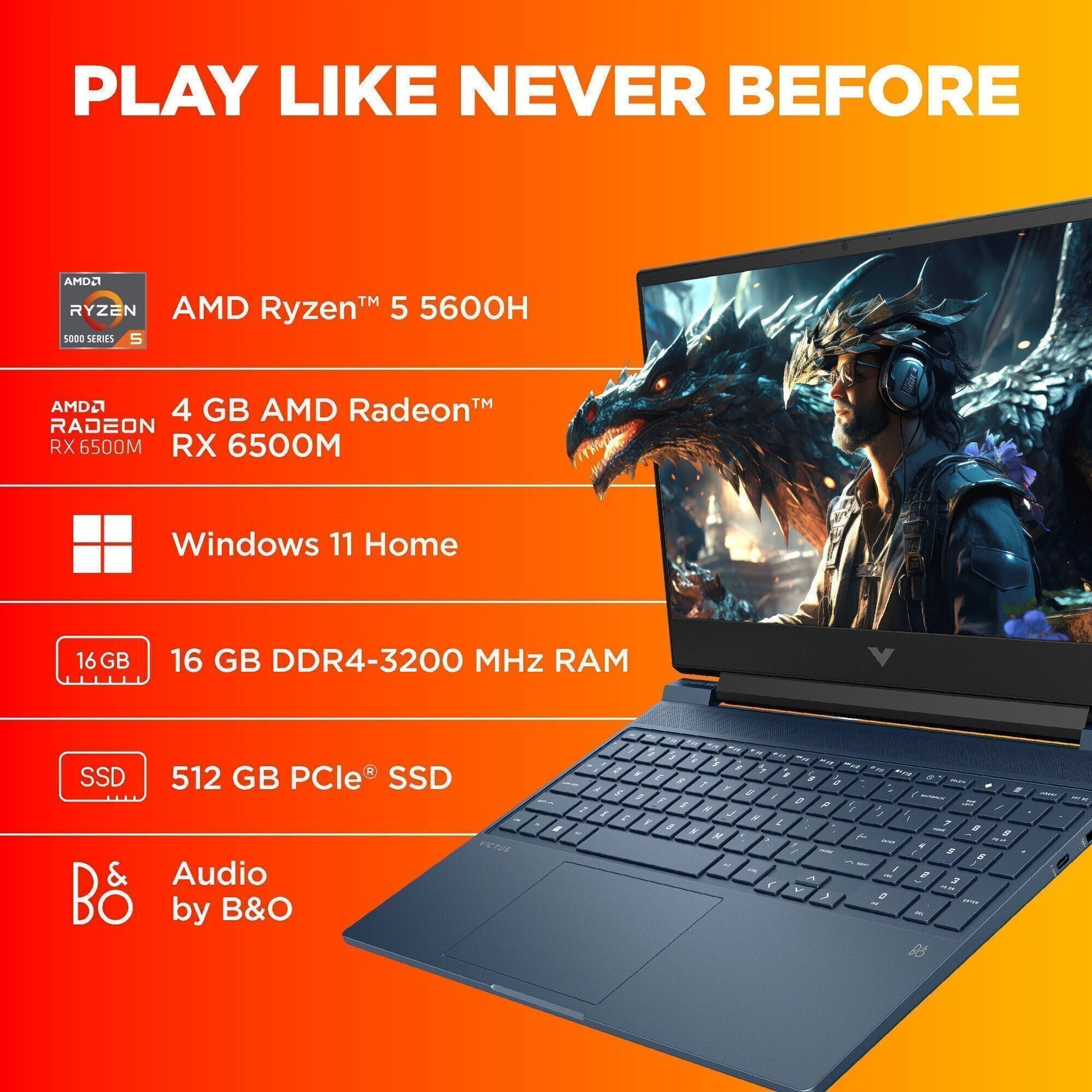 HP Victus gaming AMD Ryzen 5 Hexa Core 5600H - (8 GB/512 GB SSD/Windows 11 Home/4 GB Graphics/AMD Radeon RX 6500M/60 Hz) 15-fb0147AX Gaming Laptop (15.6 Inch, Performance Blue, 2.37 kg)